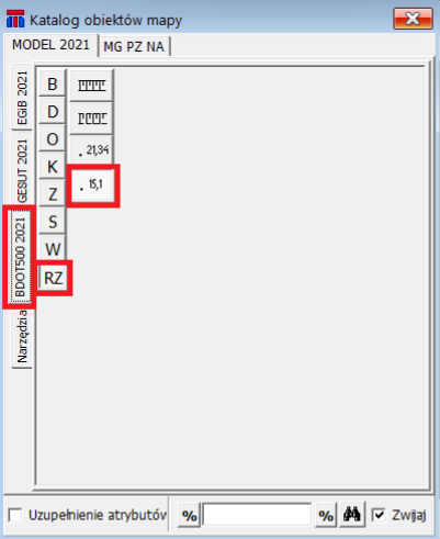 Widok okna katalogu obiektów mapy z zaznaczoną zakładką BDOT500 2021, RZ oraz Pikieta naturalna Widok okna katalogu obiektów mapy z zaznaczoną zakładką BDOT500 2021, RZ oraz Pikieta naturalna