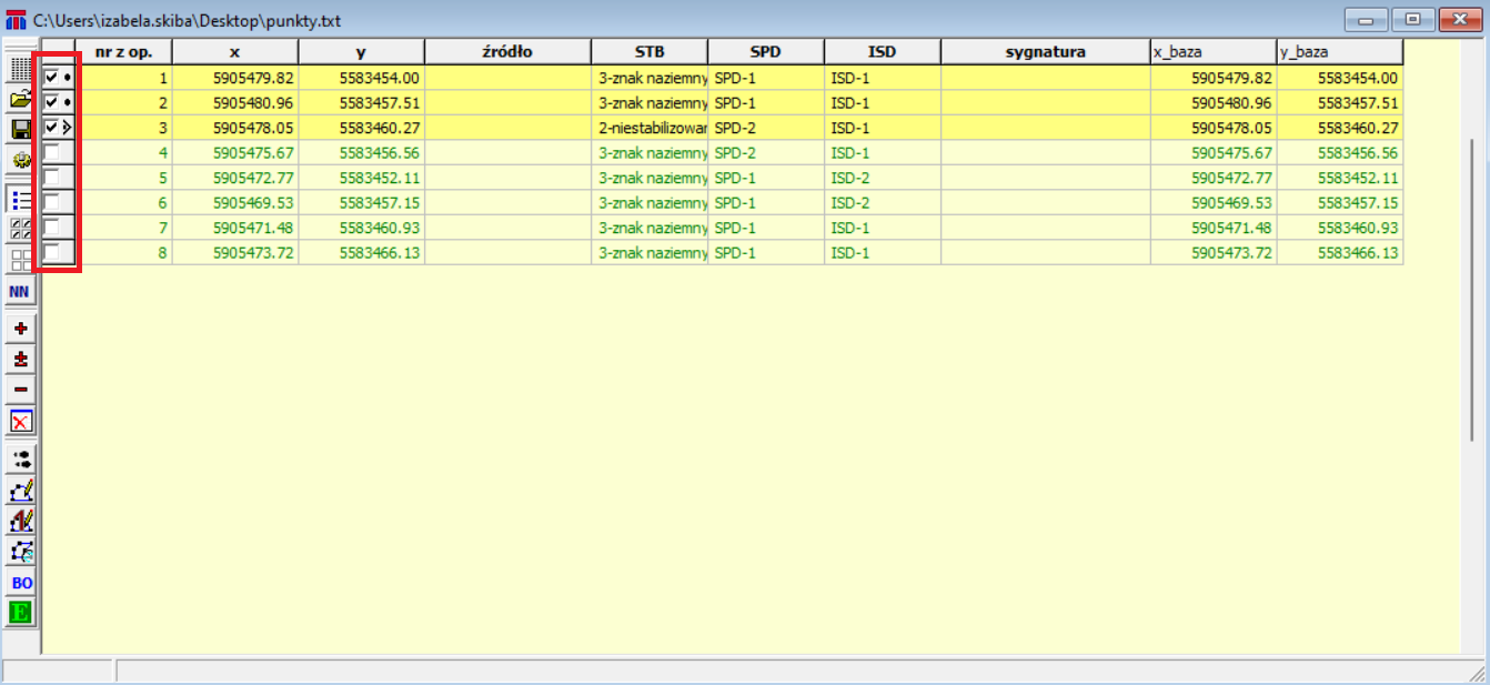 Widok okna z wczytanymi punktami roboczymi z dodatkową kolumną z checkbox'ami Widok okna z wczytanymi punktami roboczymi z dodatkową kolumną z checkbox'ami
