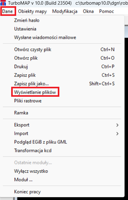 Widok menu głównego programu: Dane oraz Wyświetlanie plików Widok menu głównego programu: Dane oraz Wyświetlanie plików