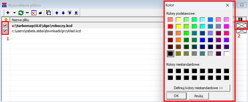 Widok okna 'Wyświetlanie plików' z zaznaczonymi obszarami Widok okna 'Wyświetlanie plików' z zaznaczonymi obszarami
