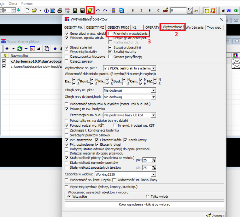Widok okna 'Wyświetlanie obiektów', zakładka 'Wyświetlanie' Widok okna 'Wyświetlanie obiektów', zakładka 'Wyświetlanie'
