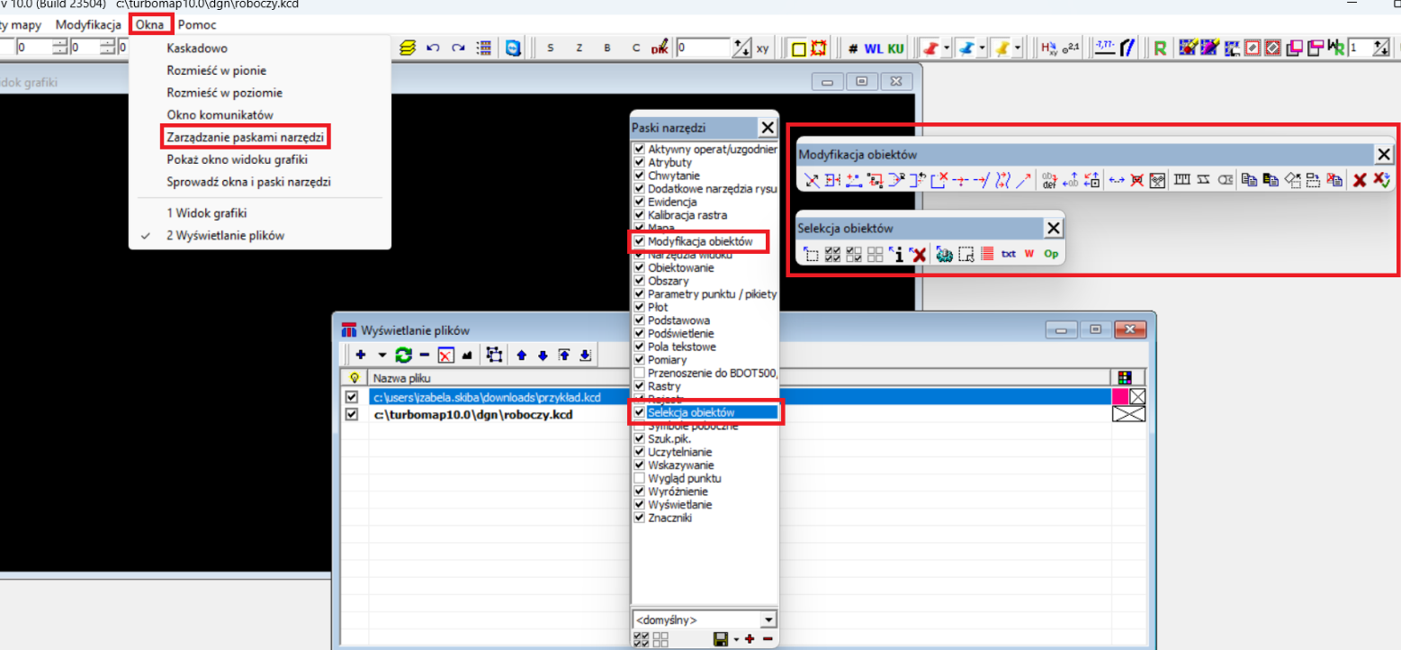 Widok menu głównego programu: Okna oraz Zarządzanie paskami narzędzi, oraz palet: 'Pasek narzędzi', 'Modyfikacja obiektów' oraz 'Selekcja obiektów' Widok menu głównego programu: Okna oraz Zarządzanie paskami narzędzi, oraz palet: 'Pasek narzędzi', 'Modyfikacja obiektów' oraz 'Selekcja obiektów'