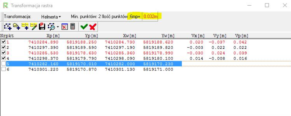 Widok okna 'Transformacja rastra' z wczytanymi wieloma plikami Widok okna 'Transformacja rastra' z wczytanymi wieloma plikami