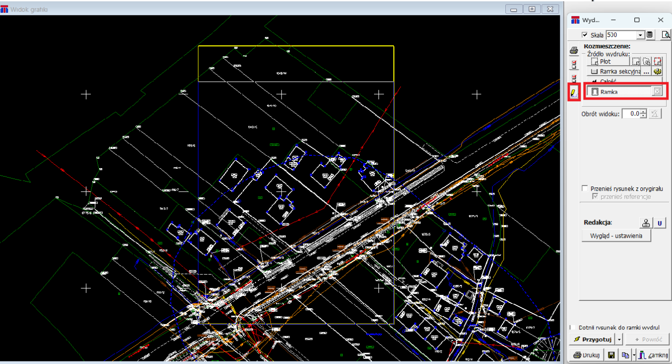 Widok zaznaczonego fragmentu mapy z oknem 'Wydruk' Widok zaznaczonego fragmentu mapy z oknem 'Wydruk'