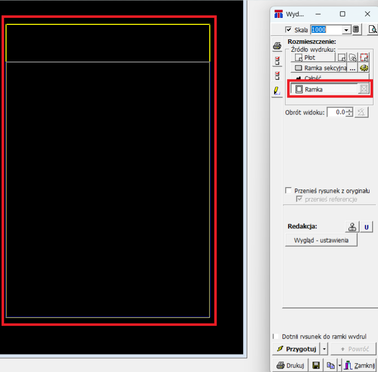 Widok okna wydruku i ramki Widok okna wydruku i ramki