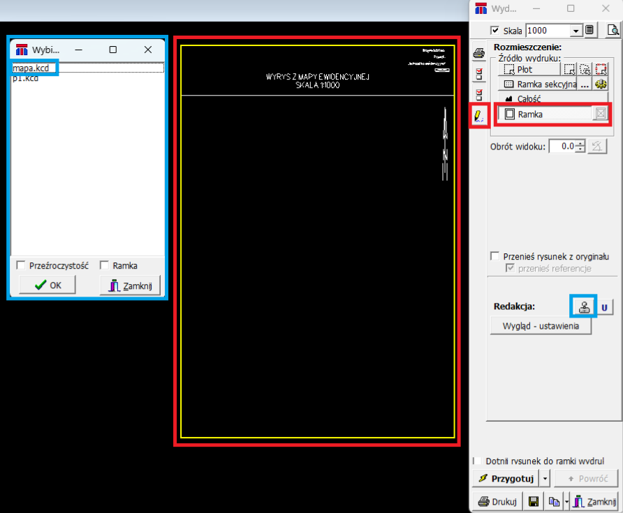 Widok okna wydruku, ramki i okna wyboru pieczątek Widok okna wydruku, ramki i okna wyboru pieczątek