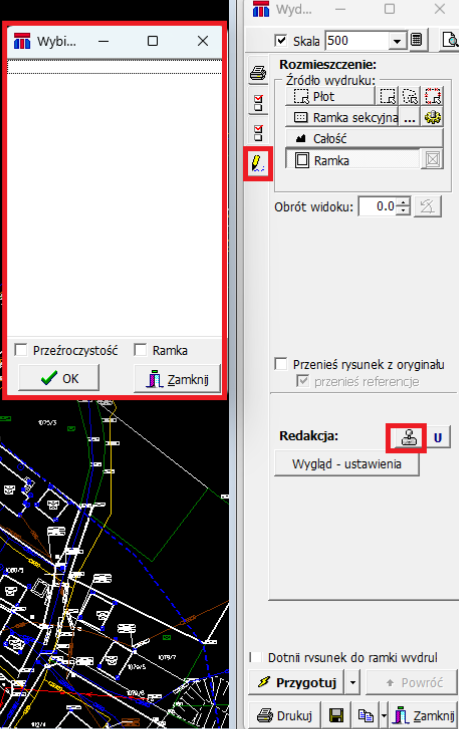 Widok okna wydruku i wyboru dostępnych pieczątek Widok okna wydruku i wyboru dostępnych pieczątek