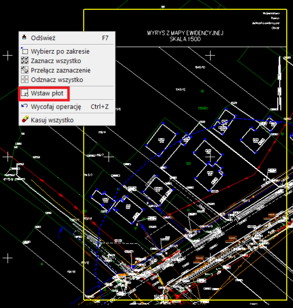 Widok fragmentu mapy z podświetlonymi opcjami po naciśnięciu prawego klawisza myszy Widok fragmentu mapy z podświetlonymi opcjami po naciśnięciu prawego klawisza myszy