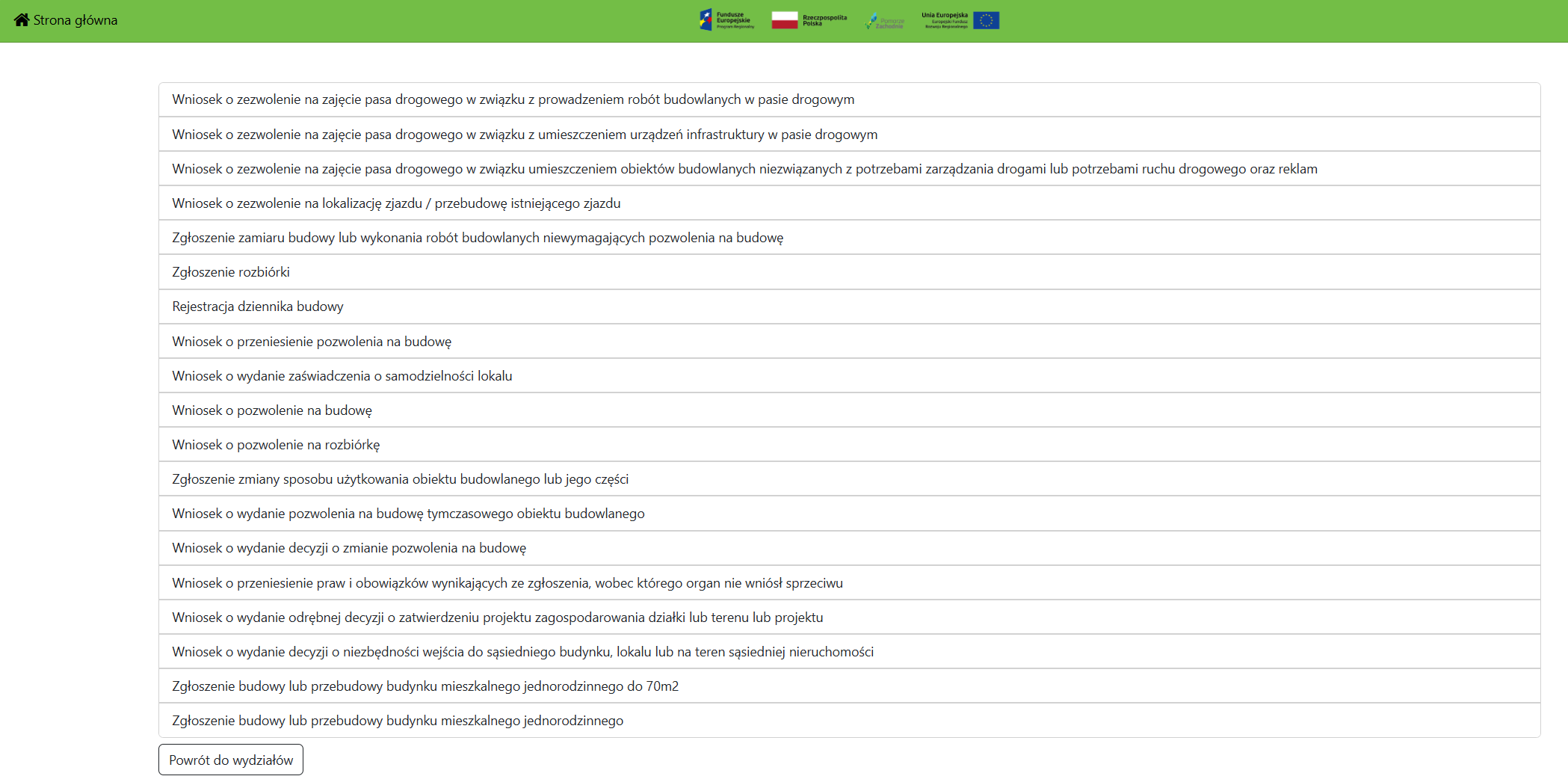 Widok strony z listą dostępnych wniosków Widok strony z listą dostępnych wniosków