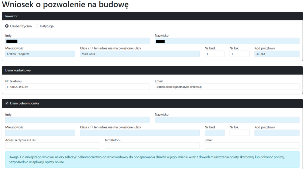 Widok części wniosku z informacjami o inwestorze i pełnomocniku Widok części wniosku z informacjami o inwestorze i pełnomocniku