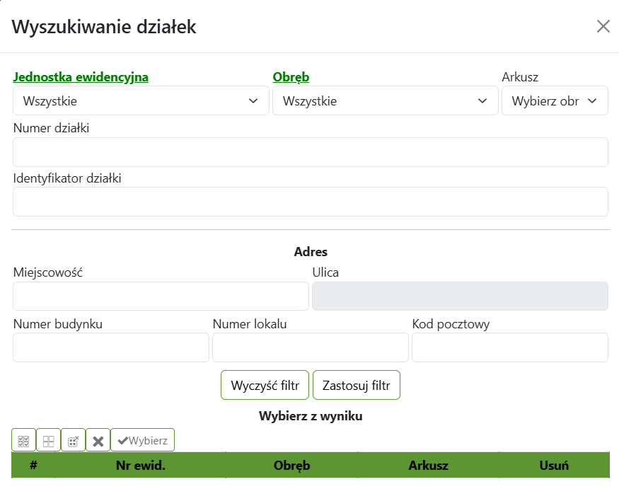 Widok okna wyszukiwania działek Widok okna wyszukiwania działek