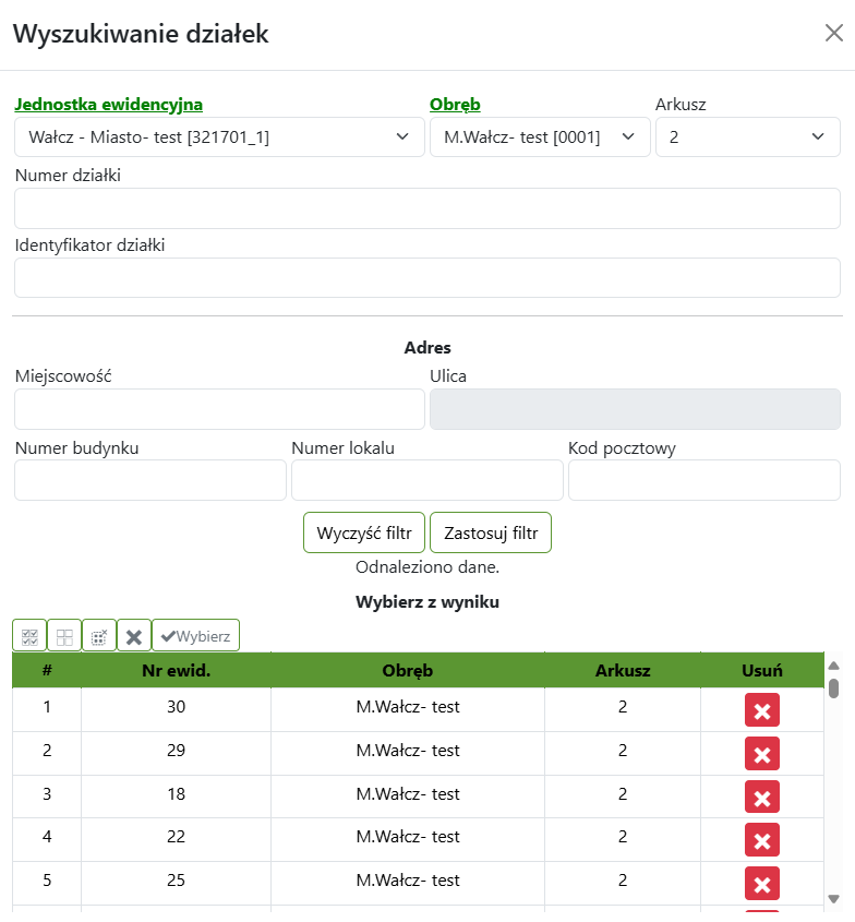 Widok okna wyszukiwania działek Widok okna wyszukiwania działek