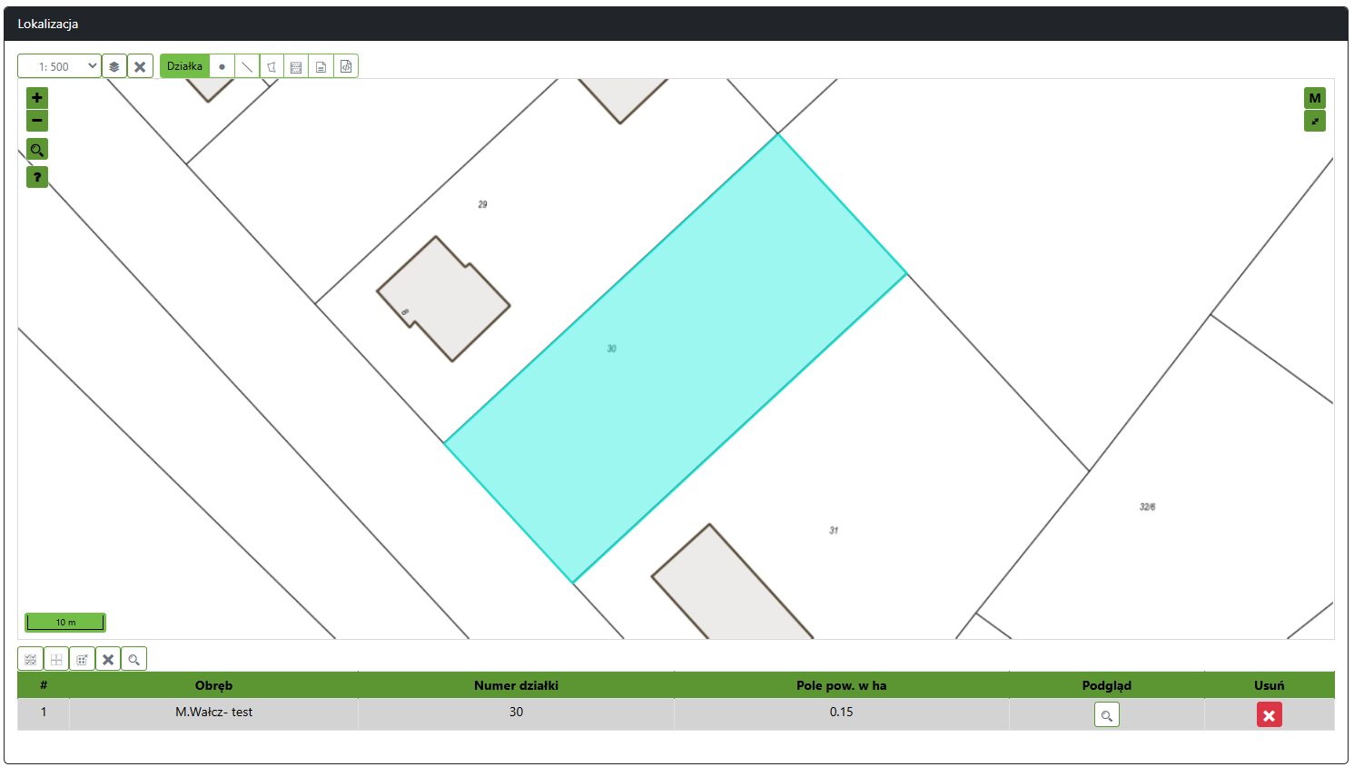Widok okna z lokalizacją i wybraną działką Widok okna z lokalizacją i wybraną działką