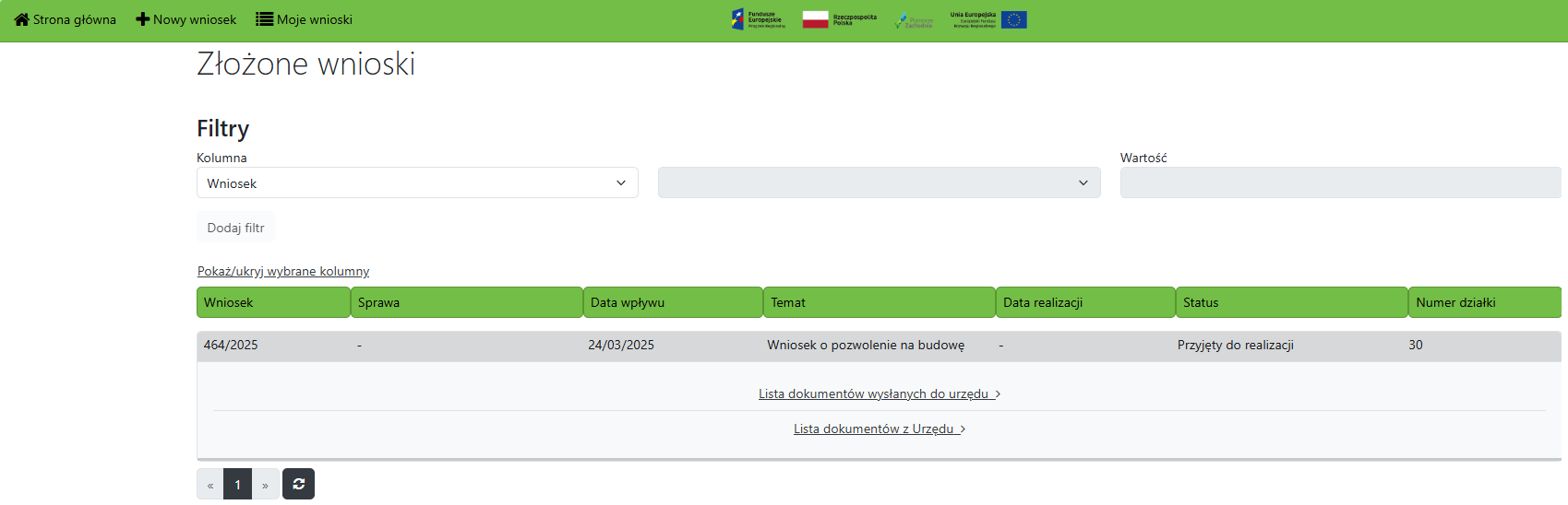 Widok listy z wnioskami Widok listy z wnioskami