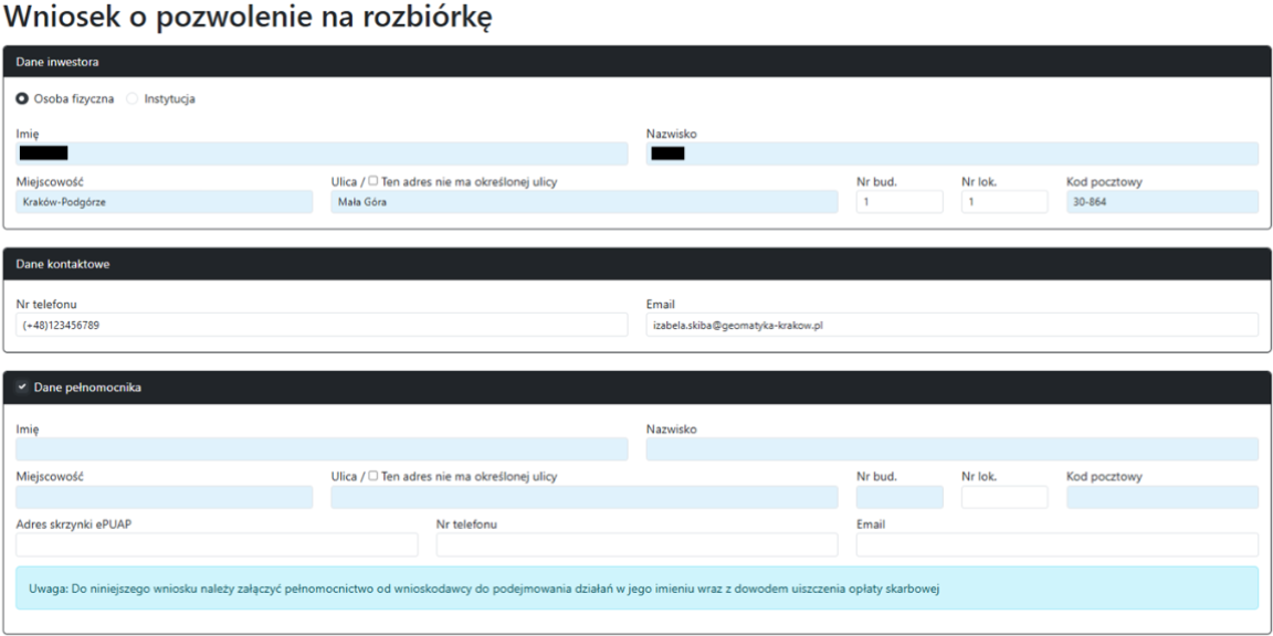 Widok części wniosku z inwestorem i pełnomocnikiem do uzupełnienia Widok części wniosku z inwestorem i pełnomocnikiem do uzupełnienia