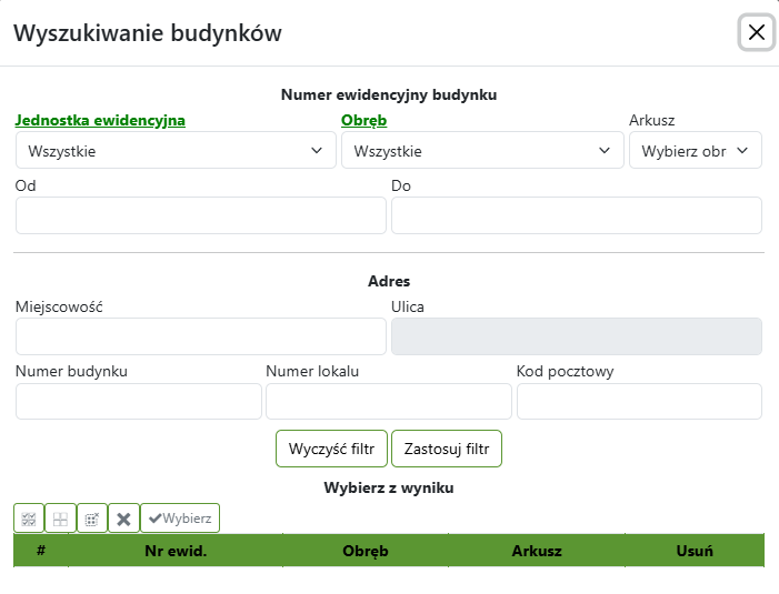Widok okna wyszukiwania budynków przez zadane atrybuty Widok okna wyszukiwania budynków przez zadane atrybuty