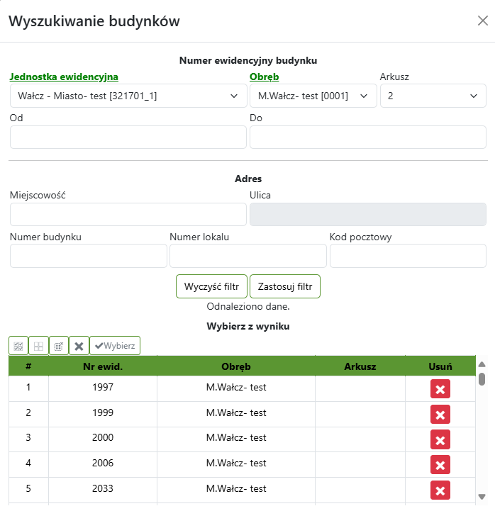 Widok okna wyszukiwania budynków Widok okna wyszukiwania budynków