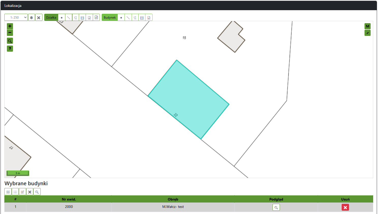 Widok okna z lokalizacją i wybranym budynkiem Widok okna z lokalizacją i wybranym budynkiem