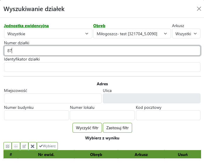 Widok okna wyszukiwania działek Widok okna wyszukiwania działek