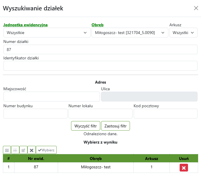Widok okna wyszukiwania działek Widok okna wyszukiwania działek