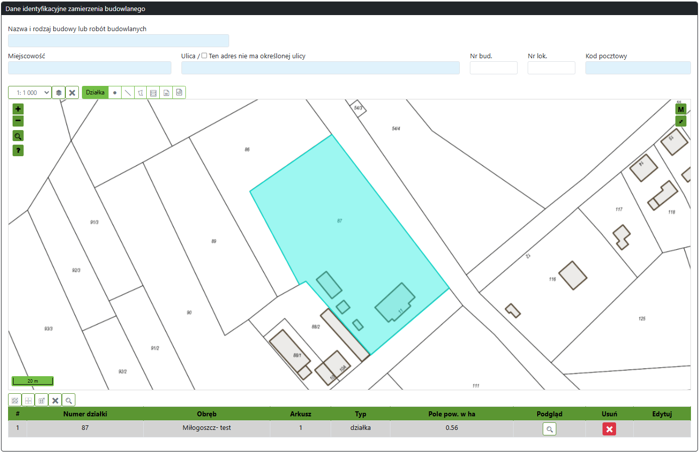 Widok okna z mapą i wybraną działką Widok okna z mapą i wybraną działką