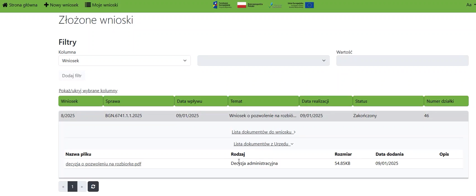 Lista złożonych wniosków Lista złożonych wniosków