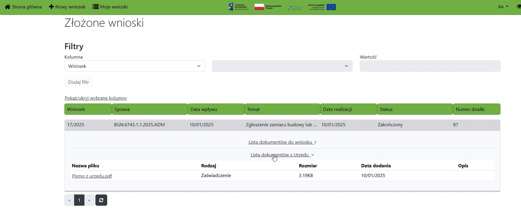Lista złożonych wniosków Lista złożonych wniosków