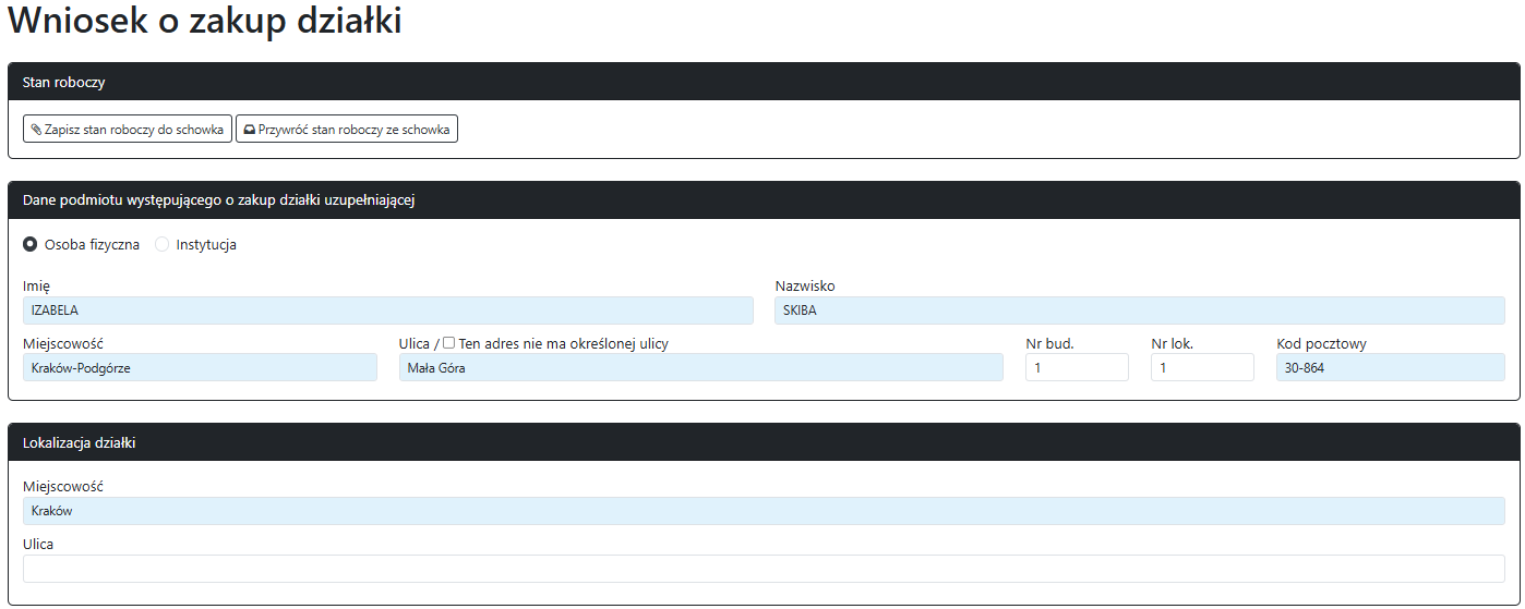 Widok części wniosku o zakup działki Widok części wniosku o zakup działki