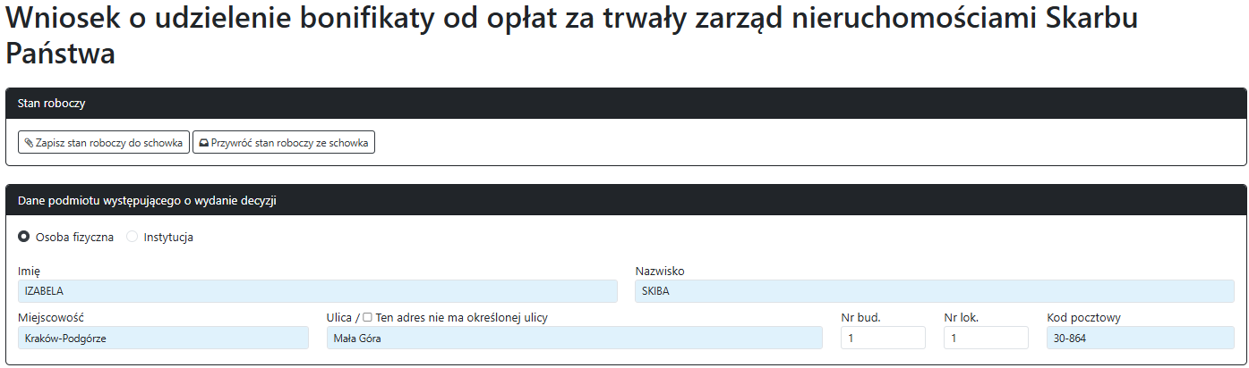Widok części wniosku o udzielenie bonifikaty Widok części wniosku o udzielenie bonifikaty