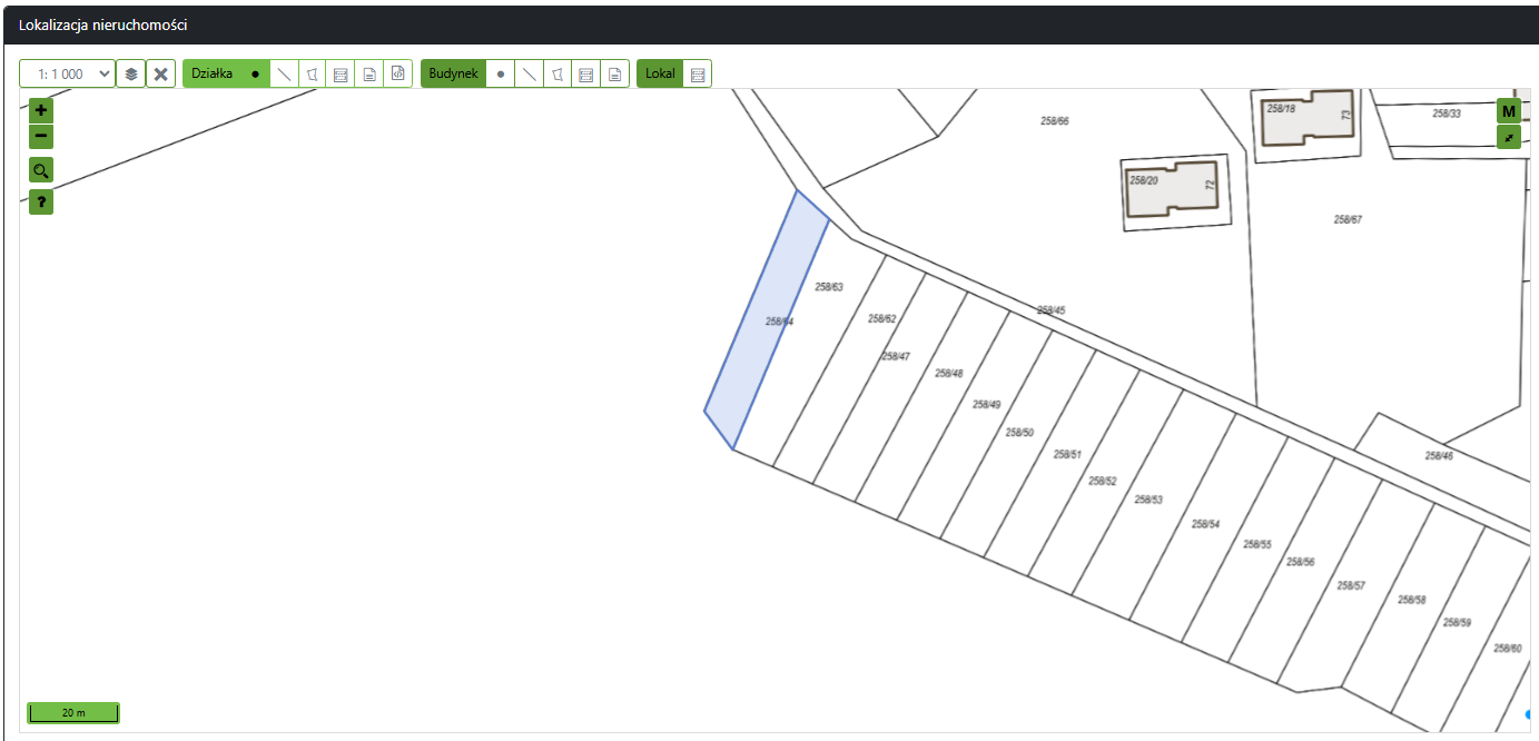 Widok części mapy z zaznaczoną działką Widok części mapy z zaznaczoną działką