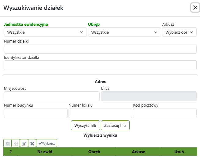 Widok okna wyszukiwania działek Widok okna wyszukiwania działek