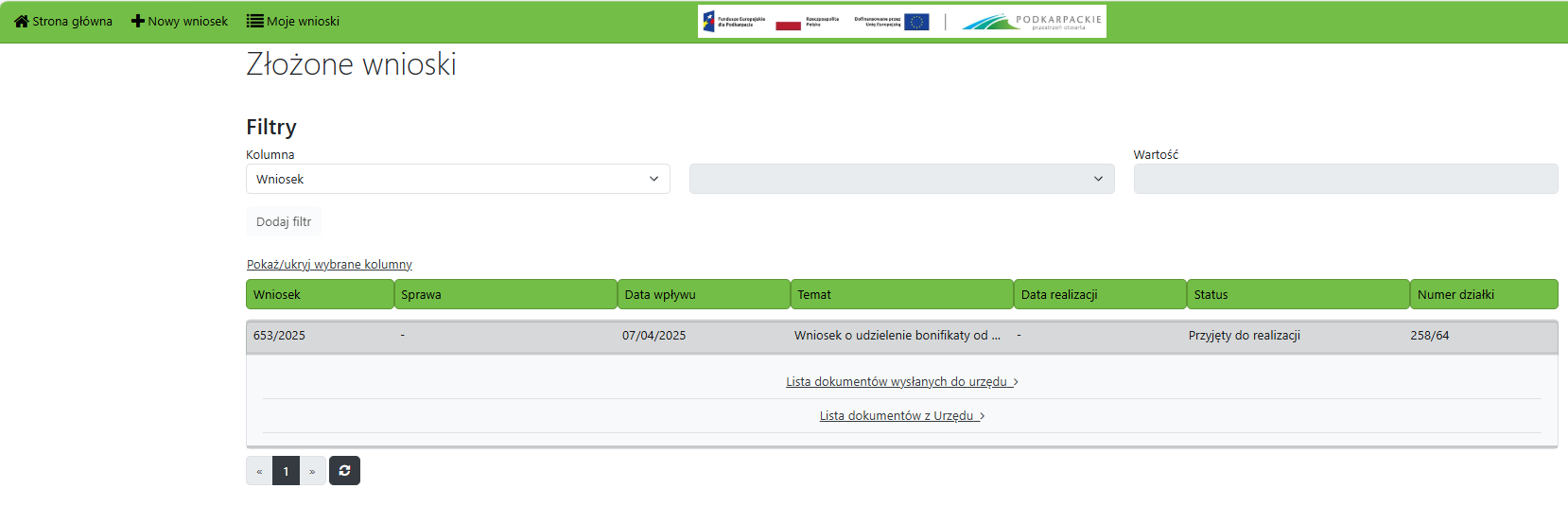 Widok listy ze złożonymi wnioskami Widok listy ze złożonymi wnioskami