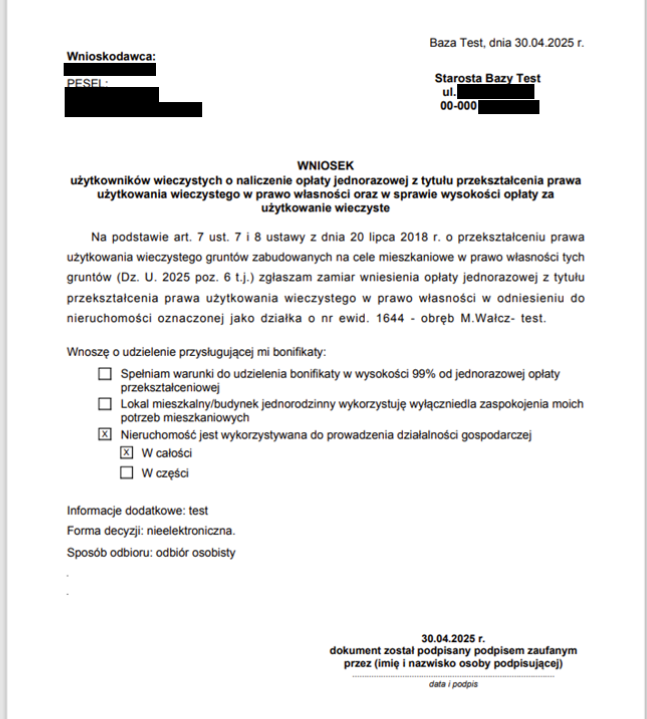 Widok podglądu wniosku Widok podglądu wniosku