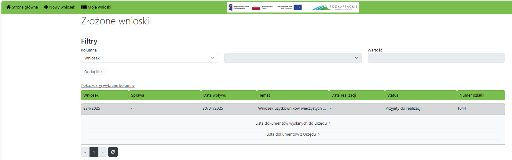 Widok listy ze złożonymi wnioskami Widok listy ze złożonymi wnioskami