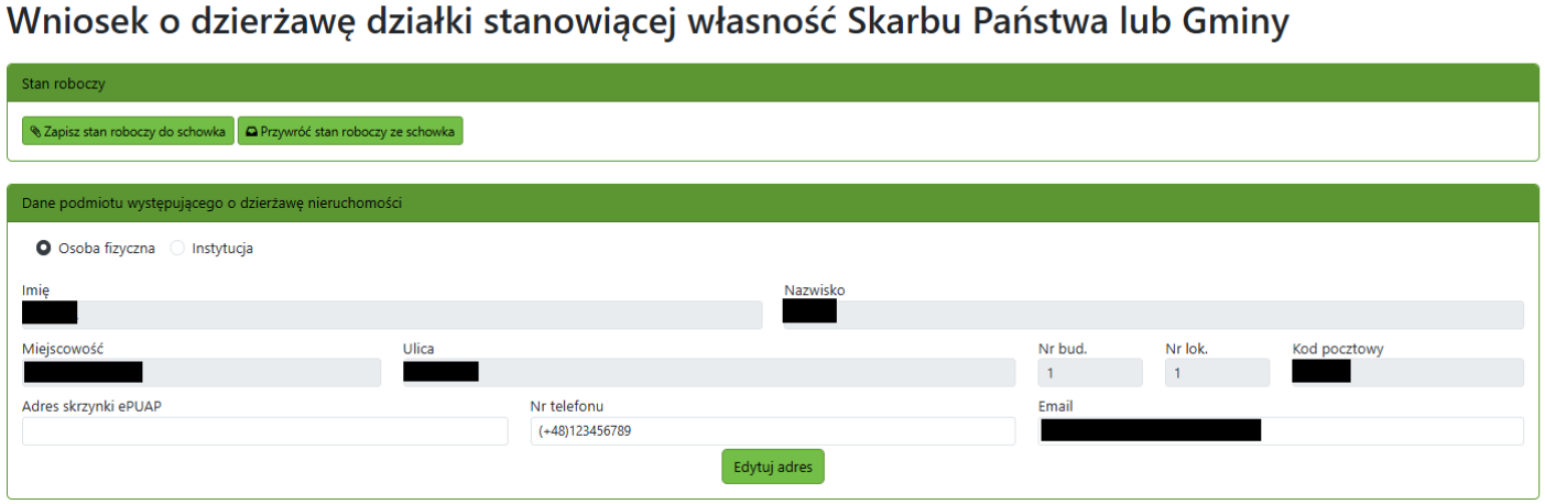 Widok części wniosku z danymi podmiotu Widok części wniosku z danymi podmiotu