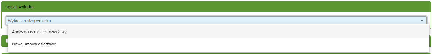 Widok rozwiniętych opcji rodzaju wniosku Widok rozwiniętych opcji rodzaju wniosku