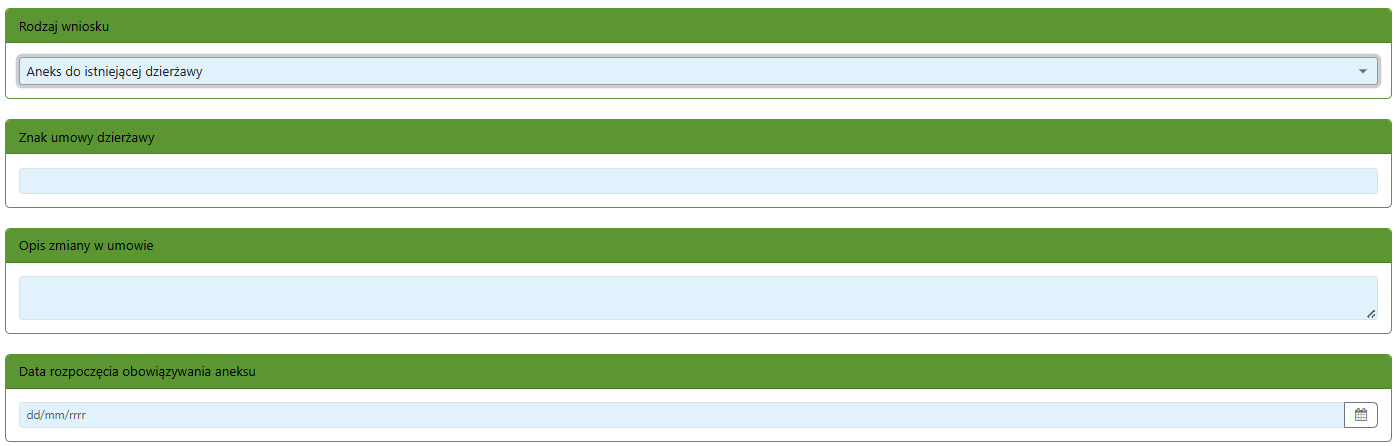 Widok okien do uzupełnienia - znaku umowy dzierżawy, opisu zmiany w umowie oraz daty rozpoczęcia obowiązywania aneksu Widok okien do uzupełnienia - znaku umowy dzierżawy, opisu zmiany w umowie oraz daty rozpoczęcia obowiązywania aneksu