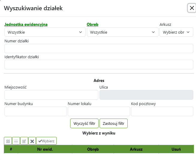 Widok okna wyszukiwania działek Widok okna wyszukiwania działek