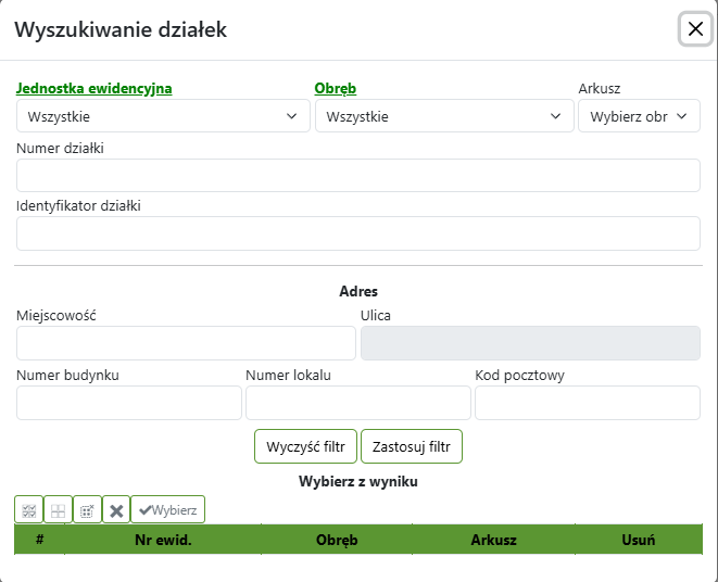 Widok okna wyszukiwania działek Widok okna wyszukiwania działek