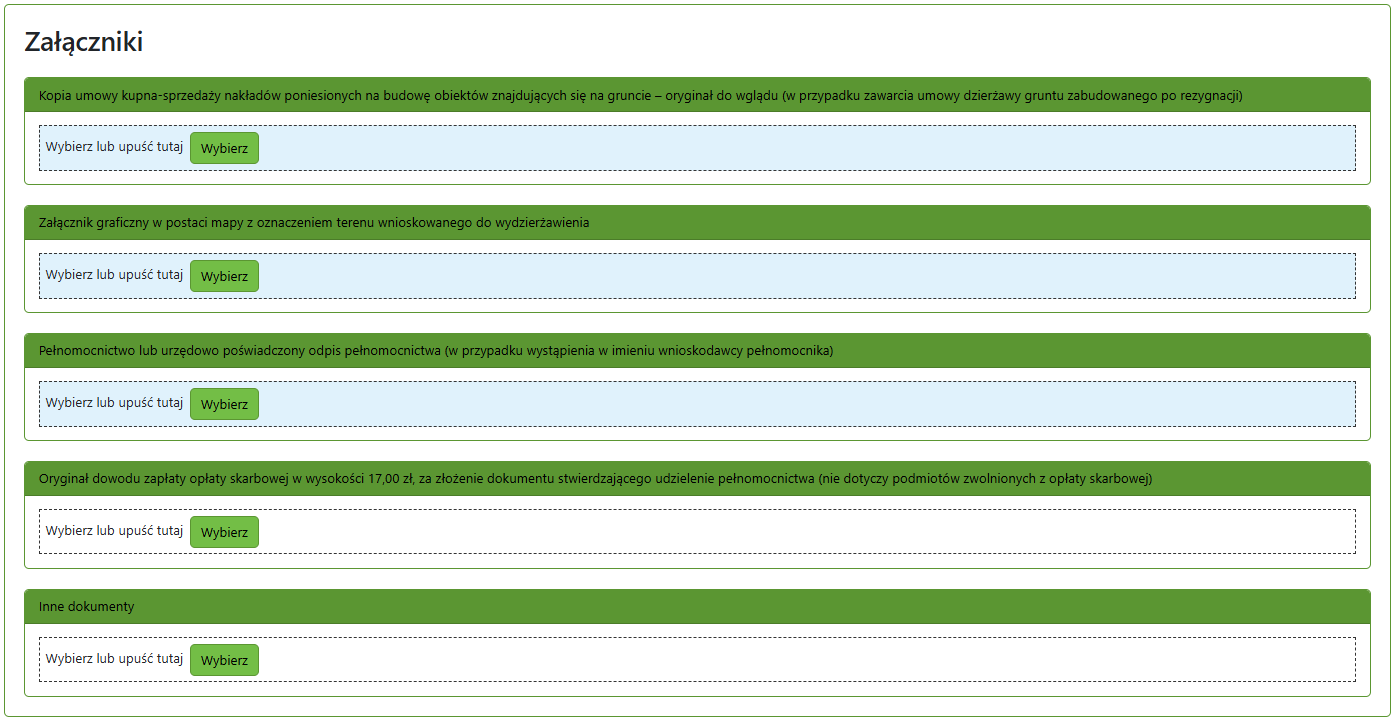 Widok okna do wprowadzenia załączników do wniosku Widok okna do wprowadzenia załączników do wniosku
