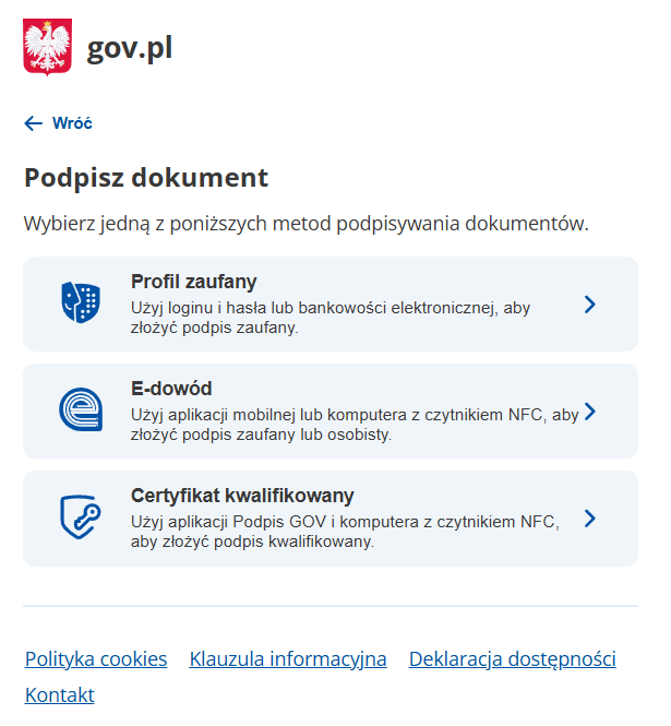 Widok opcji podpisu dokumentu Widok opcji podpisu dokumentu