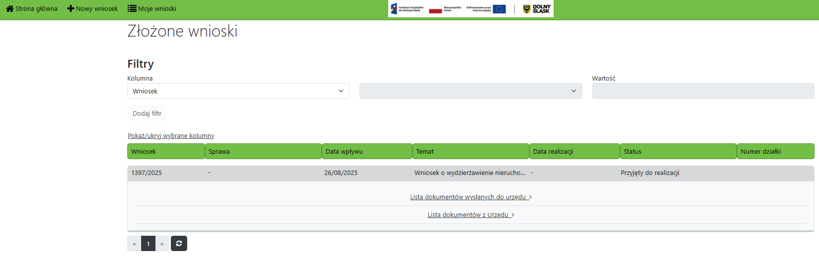 Widok listy z wnioskami Operatora Widok listy z wnioskami Operatora