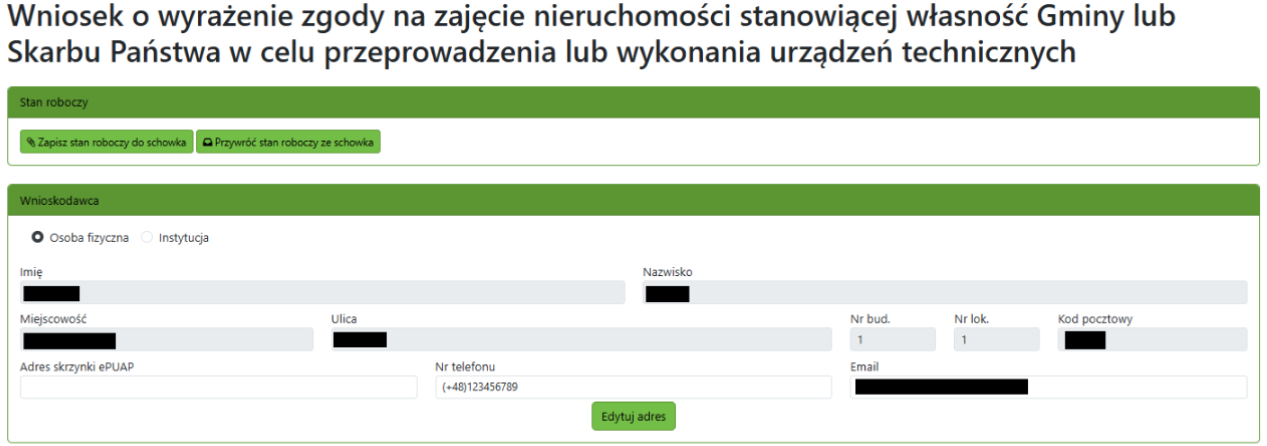 Widok pola do wprowadzenia danych wnioskodawcy Widok pola do wprowadzenia danych wnioskodawcy