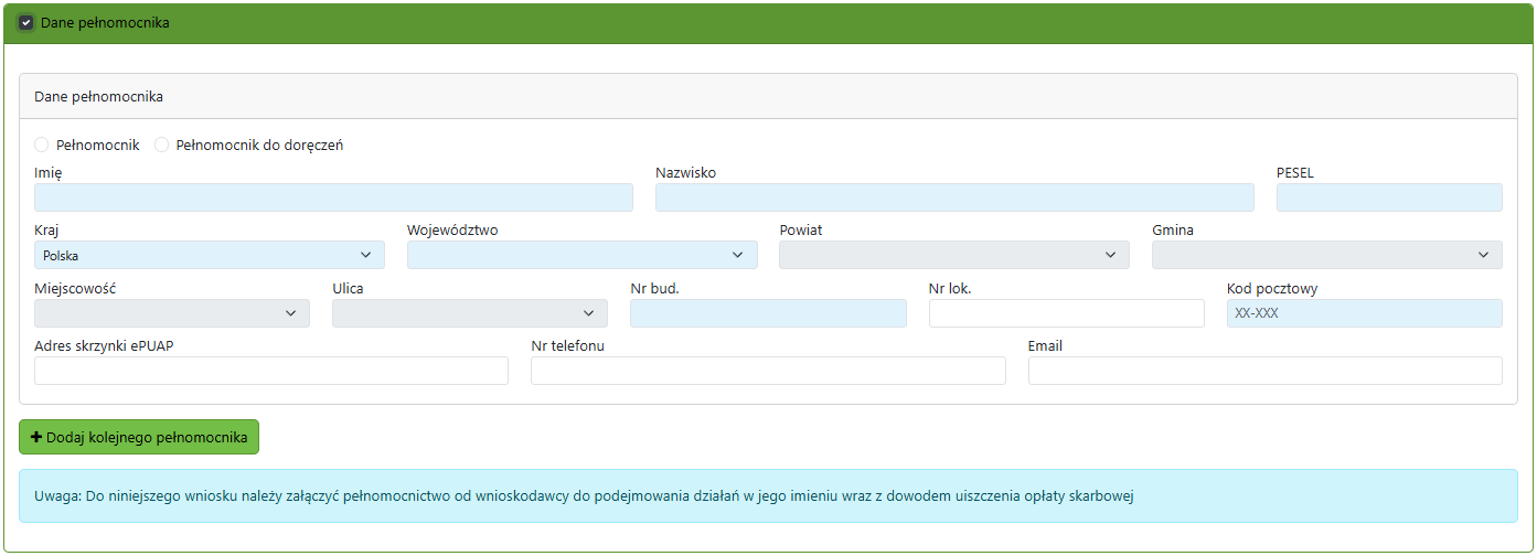 Widok okna z danymi pełnomocnika do uzupełnienia Widok okna z danymi pełnomocnika do uzupełnienia