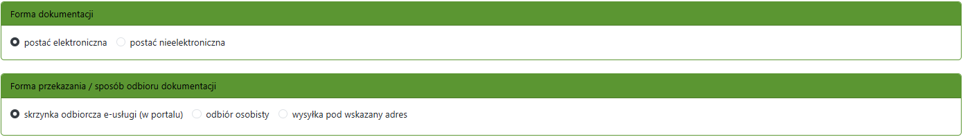 Widok dostępnych opcji formy przekazania/odbioru dokumentacji Widok dostępnych opcji formy przekazania/odbioru dokumentacji