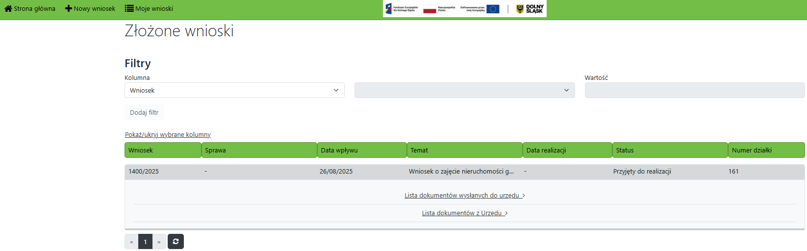 Widok listy z wnioskami Operatora Widok listy z wnioskami Operatora