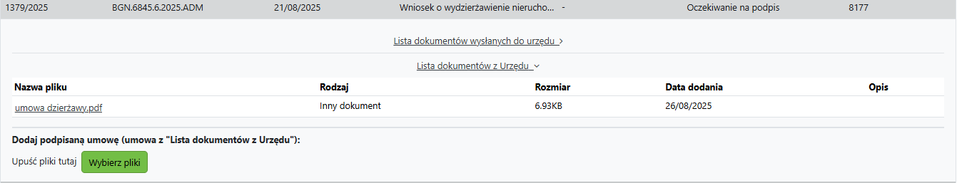 Widok załączonego dokumentu przez Urząd i pola do wprowadzenia pliku przez Wnioskodawcę Widok załączonego dokumentu przez Urząd i pola do wprowadzenia pliku przez Wnioskodawcę