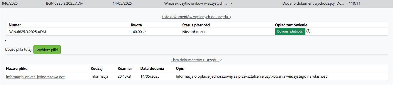 Widok załączonych dokumentów przez Urząd i opcji dokonania płatności online Widok załączonych dokumentów przez Urząd i opcji dokonania płatności online
