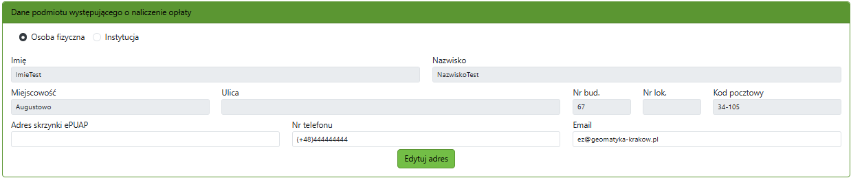 Widok części wniosku o naliczenie opłaty Widok części wniosku o naliczenie opłaty