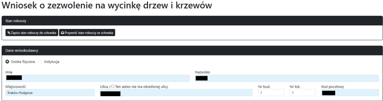 Widok części wniosku Widok części wniosku